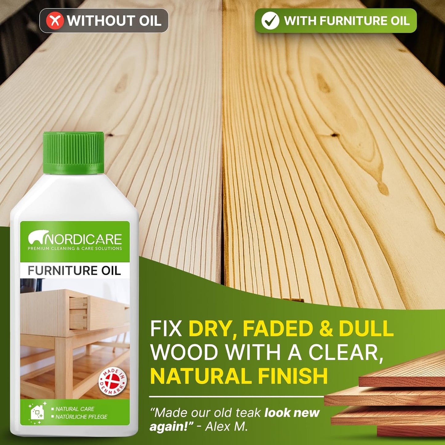 Nordicare Wood Oil Colorless - Premium Walnut Oil, Teak Oil, Wood Oil Furniture for Oak, Beech, Teak, Walnut, Pine, Larch - Natural Furniture Wood Oil - Made in Denmark - for Indoor Use (9.3 oz)