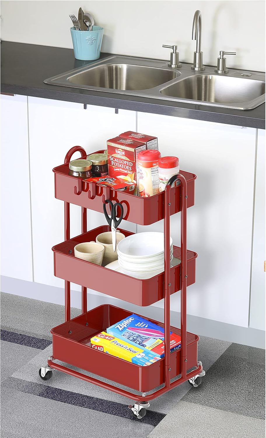 Simple Houseware 3-Tier Heavy Duty Metal Utility Rolling Cart, Red