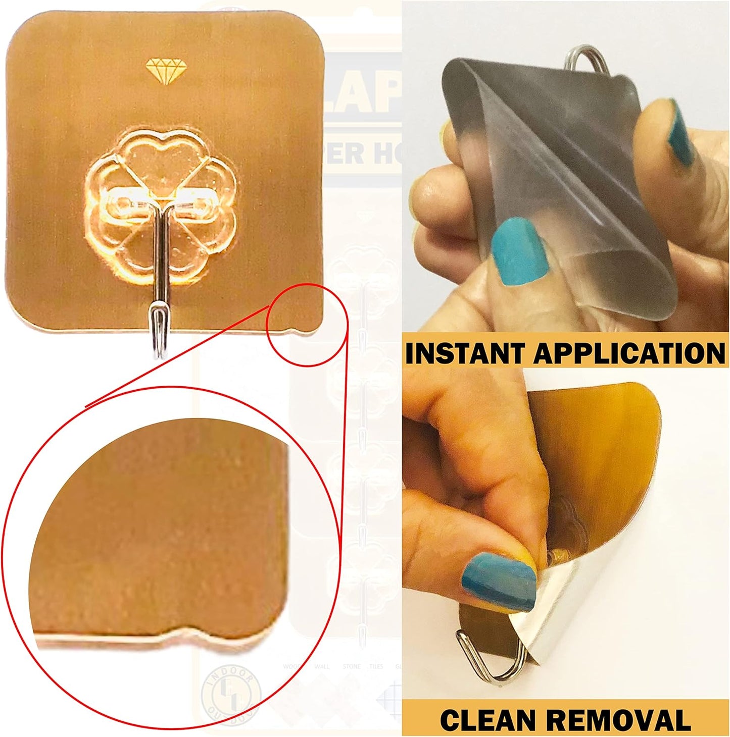 KLAPiT Super Hook - Heavy-Duty Adhesive Gold Wall Hooks, Holds Up to 11 lbs, Waterproof, No Damage, Easy Install on Tile, Wood, Stone, Glass & Metal - Made of Steel (Gold, 16pc)