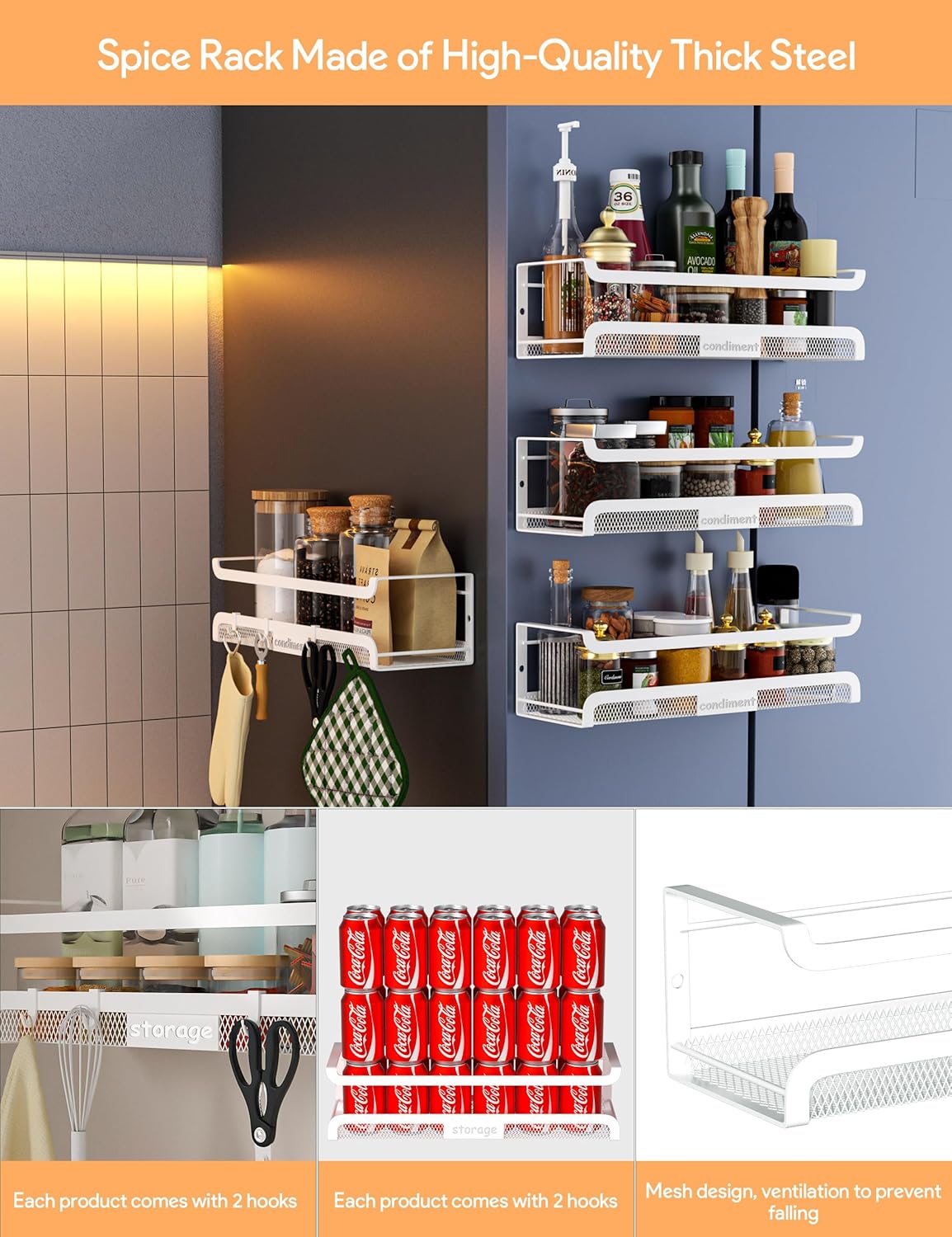 Spice Rack Wall Mount with Hooks - Spice Racks Organizer for Cabinet Storage, Wall Mounted Hanging Shelf Seasoning Organizer, for Kitchen, Pantry Door, Bathroom (White, 2 Pack)