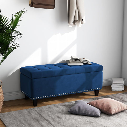 Ottoman with Storage, Storage Ottoman Bench with Button-Tufted, Upholstered End of Bed Bench with Wooden Legs for Bedroom, Entryway (Navy Blue, Set of 1)