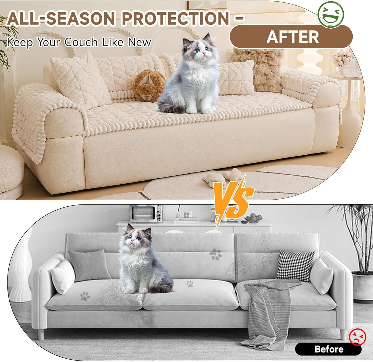 OTOB Plush Couch Cover for Dogs Washable, Non Slip Fuzzy Soft Armrest Backrest Sofa Slipcovers Geometric Jacquard Pet Friendly Couch Covers Protector All Season, 1 Piece (White, 27.6"x27.6")