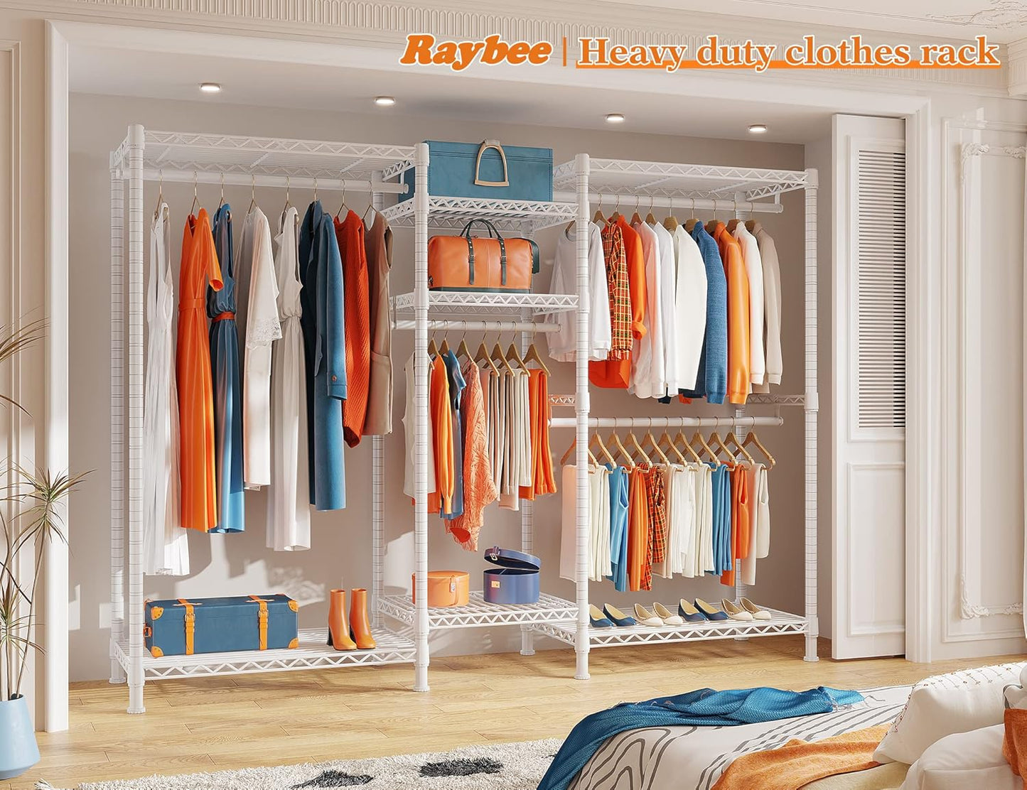 Raybee Clothing Racks for Hanging Clothes Heavy Duty Clothes Rack Load 750LBS Garment Rack, 77" H x 70.5" W x 13.8" D, White