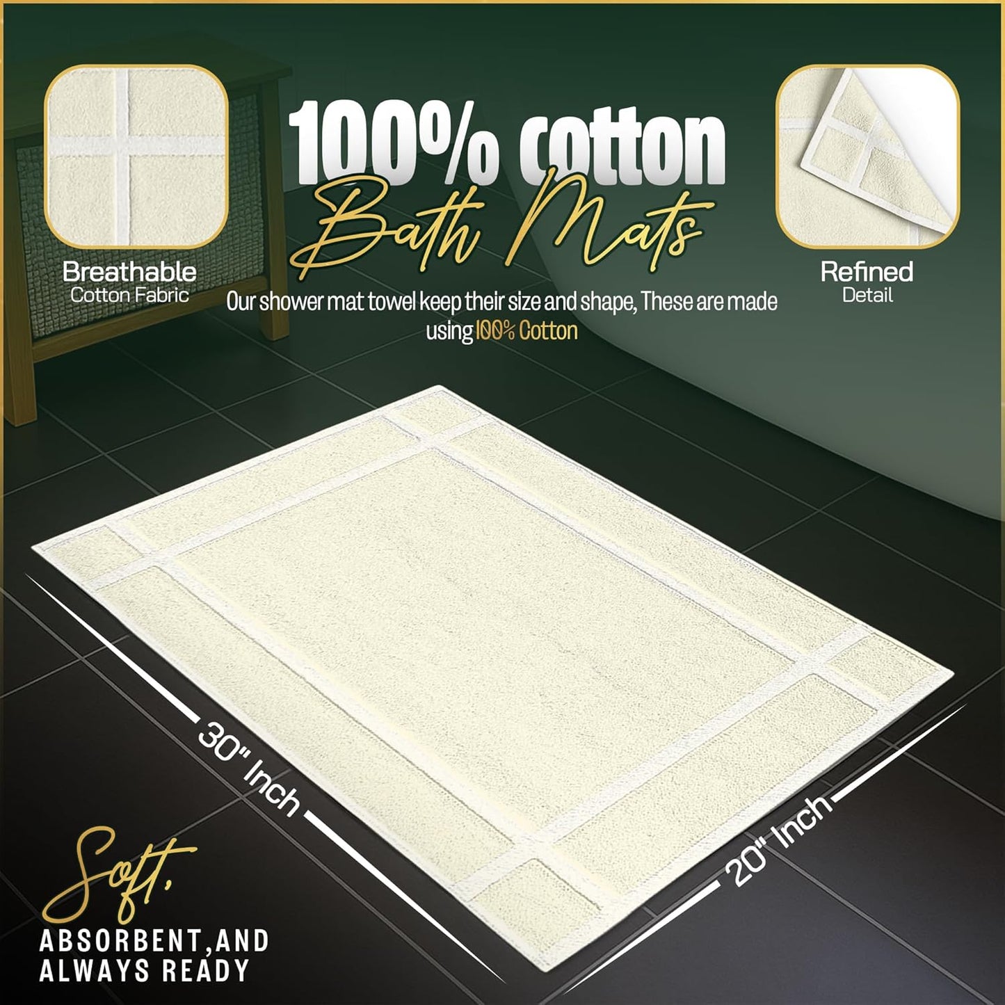 Pearl Linens Pack of 6 100% Cotton Bath Mat 20x30 inches, Soft & Absorbent Quick Dry Bathroom Mat Set, Not Bathroom Rugs, After Shower Mat, Bath Tub Mat, 687 GSM, Machine Washable, Ivory