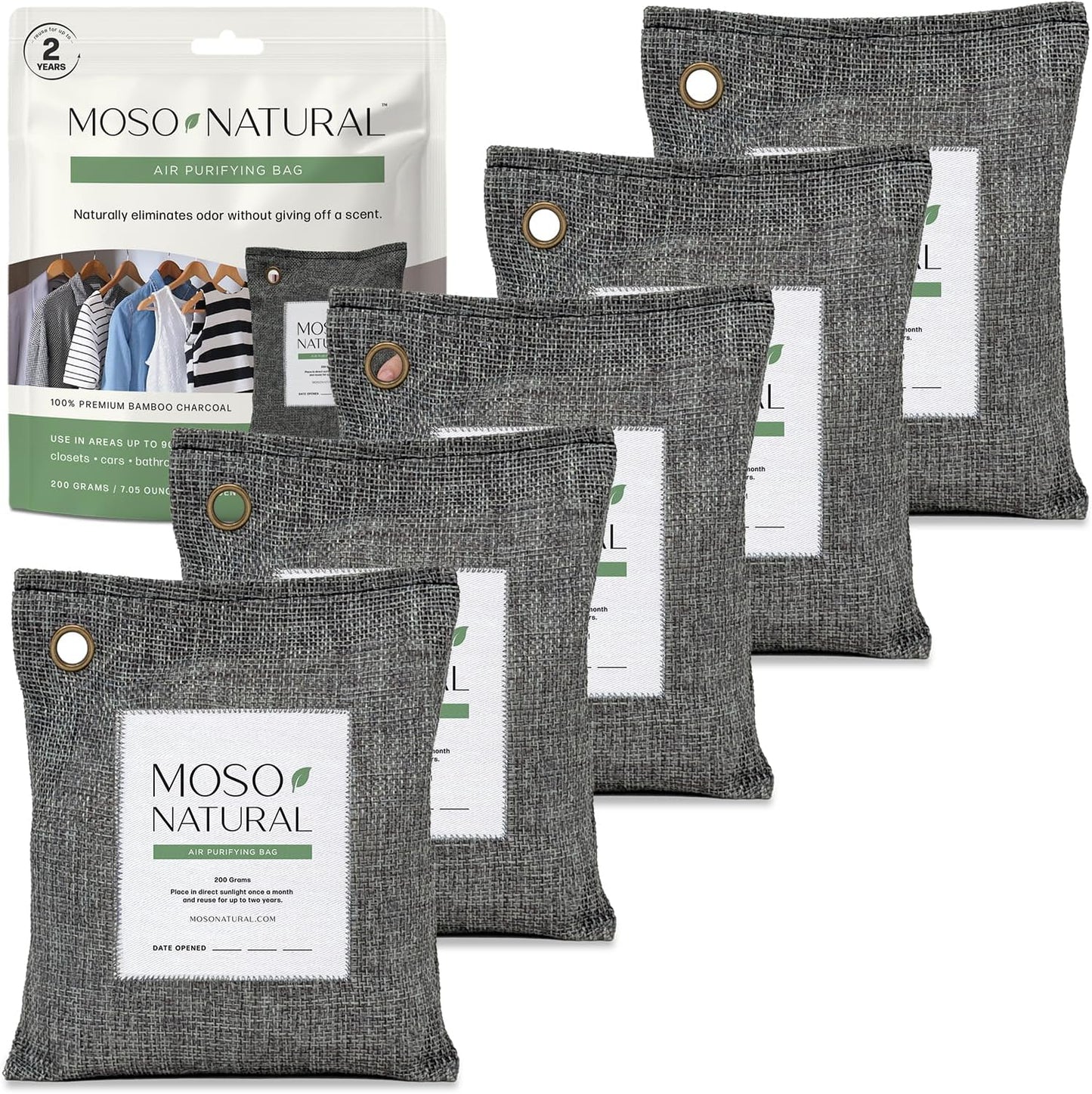 Moso Natural Air Purifying Bag 200g (5 Pack) Bamboo Charcoal Odor Absorber for Home & Car | Closet Odor Eliminator, Small Room Deodorizer & Car Air Freshener | Long Lasting Charcoal Bags Cover 90sqft
