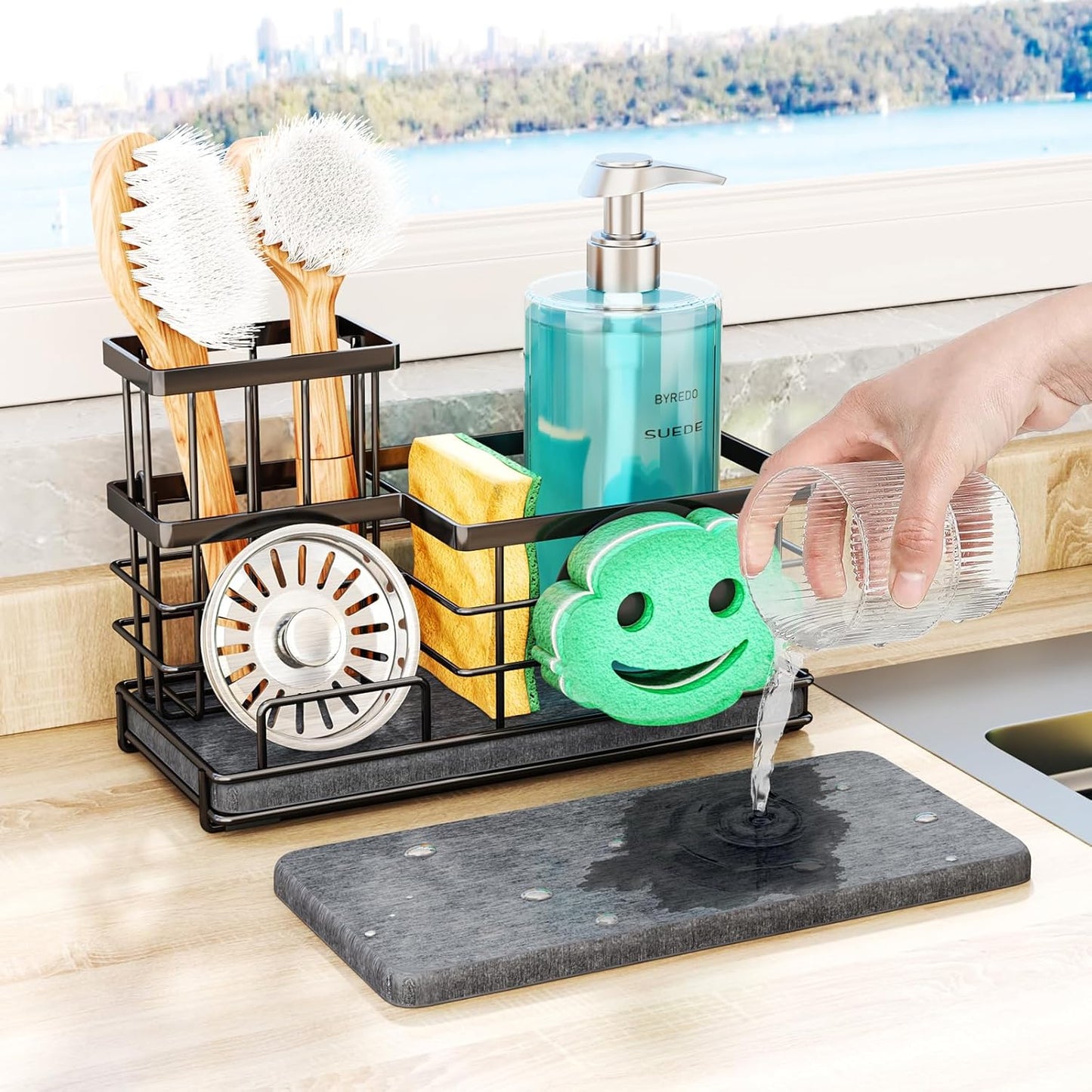 SWTYMIKI Kitchen Sink Caddy Organizer, Quick Dry Smiley Face Sponge Holder with Instant Drying Stone, Large Rustproof Sink Organizer for Kitchen Countertop Organization, Black