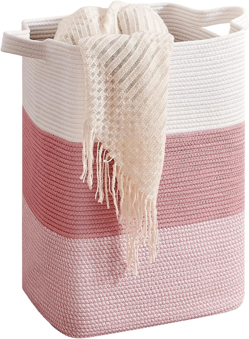 CLHMILY&Z 75L Laundry Hamper Rectangular Pink Rope Basket - 16x13x22 Inches - Dirty Clothes Storage Soft Organizer Bin for Blankets, Toys, and Nursery Essentials