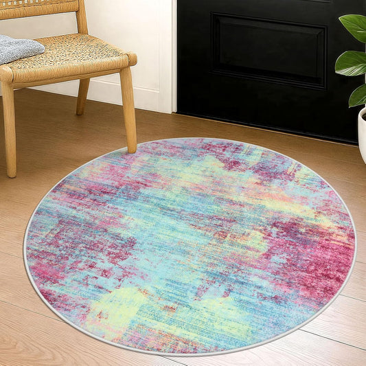 IOHOUZE Round Area Rug 3 Ft Circle Entryway Rugs Round Washable Door Mat Indoor Entrance, Non Slip Circle Front Door Rug, Printed Abstract Faux Wool Floor Carpet for Foyer Porch Sink, Pink Teal