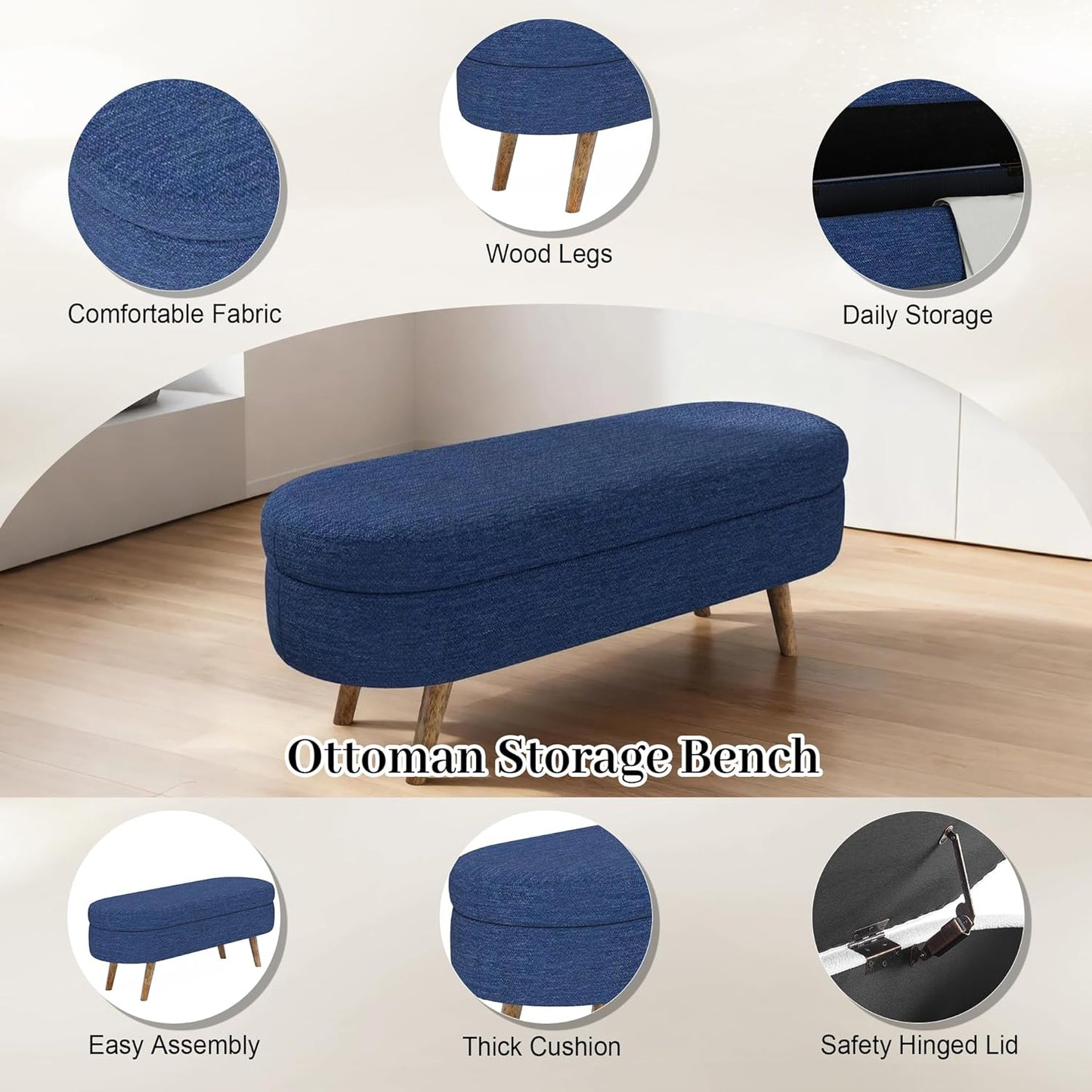 Storage Bench, 43" Storage Ottoman Bench, Shoe Storages Benches for Bedroom, Upholstered Entryway Benches with Seating, Rubber Wood Legs for Bedroom, Living Room, Entryway, Bed Side, Blue