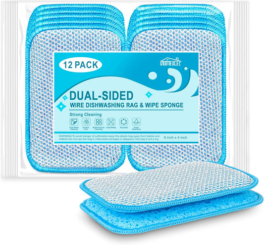 HOMEXCEL 12 Pack Scrub & Wipe Cloths, Scrub Sponges with Non-Scratch Wire Dishwashing Rag for Kitchen, All-Purpose Cloth for Dishes, Pots, Pans, Non-Stick Cookware, Countertops (Blue)