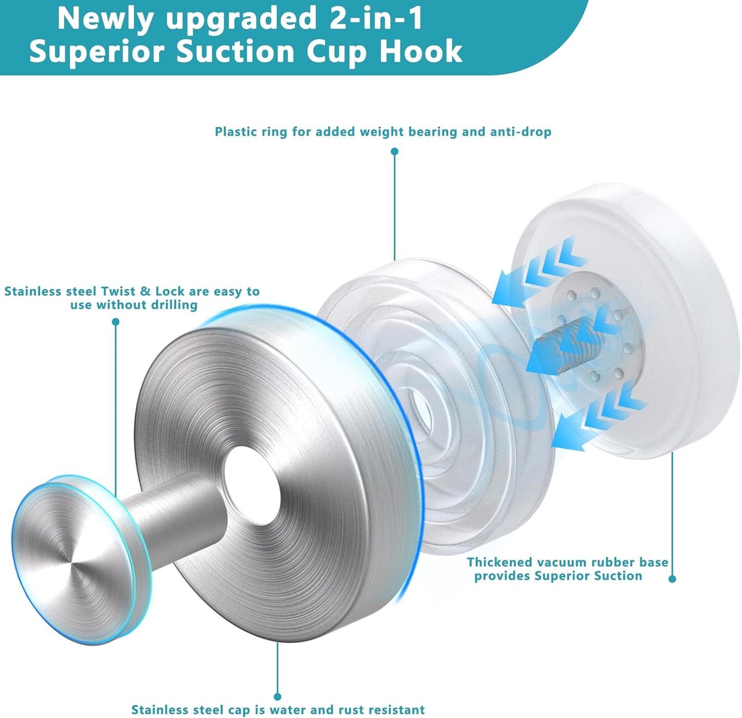 Suction Cup Hooks for Shower,Removable No Drill Towel Hooks,Upgraded 15 lbs Strong Suction hooks for Bathroom Tile,Shower Wall,Glass Door,Kitchen-Loofah,Coat,Stainless Waterproof-Silver 2 Pcs