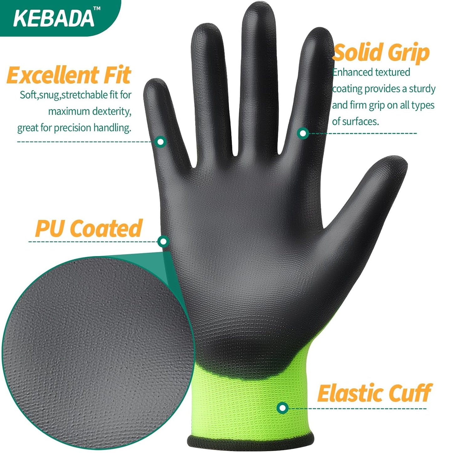 Kebada W1 Work Gloves for Men and Women, Touchscreen PU Coated Gloves with Grip, 50 Pairs Bulk Pack, Ideal for Warehouse Package Handling, Construction, Gardening, Green Medium