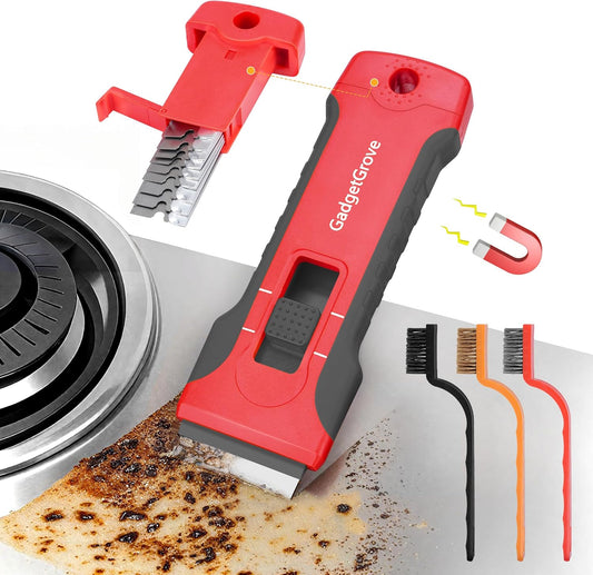 Razor Blade Scraper with 10pcs Blades and 3Pcs wire brushes,Scraper Tool for Cleaning Glass Window, Cooktop, Oven, Stove Scraper, Scraper with Buit-In Blade Storage, Upgraded Lock Mechanism,Gray