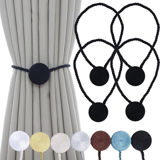 Magnetic Curtain Tiebacks - 12mm Magnetic Tie Backs for Curtains, Heavy Duty No Drill Curtain Holdbacks for Home/Office Windows Drapes, Elegant Gift-Ready Design 7 Colors (4, Black)