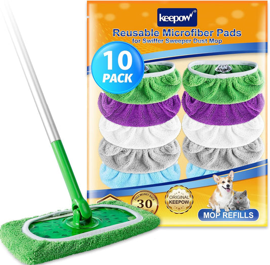 KEEPOW Reusable Microfiber Mop Pads for Swiffer Sweeper Mop, Washable Wet Pad Refills for Wet & Dry Use, Microfiber Dry Sweeping Cloths for Hardwood Floor Cleaning, 10 Pack (Mop is Not Included)