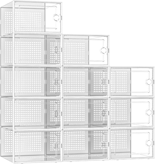 Kuject X-Large Shoe Storage Boxes Organizers Clear Plastic Stackable 12 Pack, Shoe Rack & Holder Substitute, Sneaker Containers, Toy Storage Organizer Bins for Entryway, Closet, Under Bed, White
