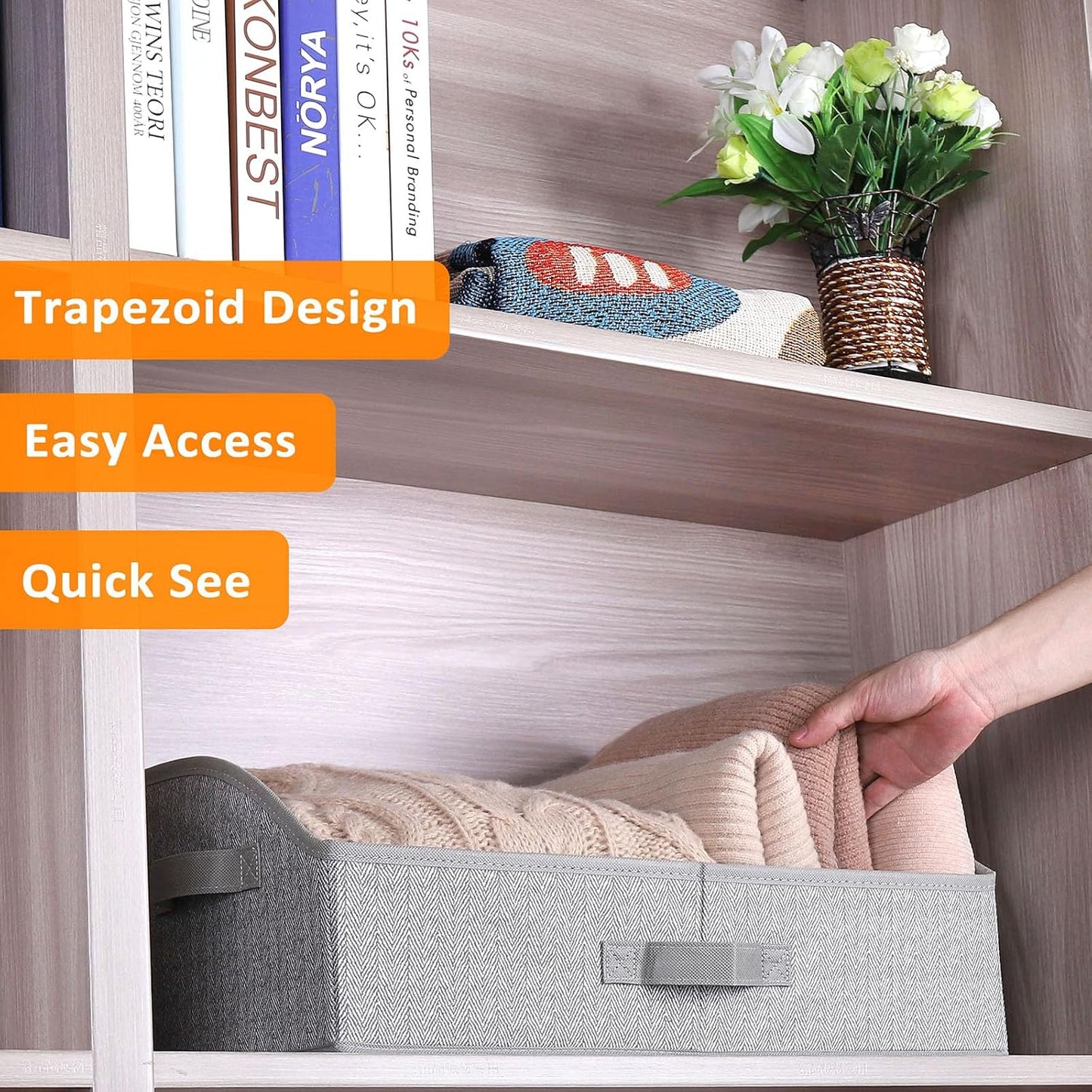 WUIKE Closet Organizers and Storage, Trapezoid Storage Bins, Fabric Closet Bins with Handles, Foldable Storage Baskets for Clothes, Purse, Blanket, Herringbone Gray, Extra Large, 3-Pack