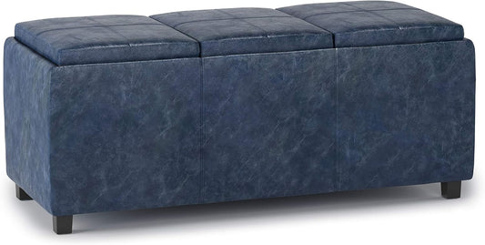 SIMPLIHOME Avalon 42 inch Wide Contemporary Rectangle Storage Ottoman in Denim Blue Vegan Faux Leather, Assembled, for the Living Room, Entryway and Family Room