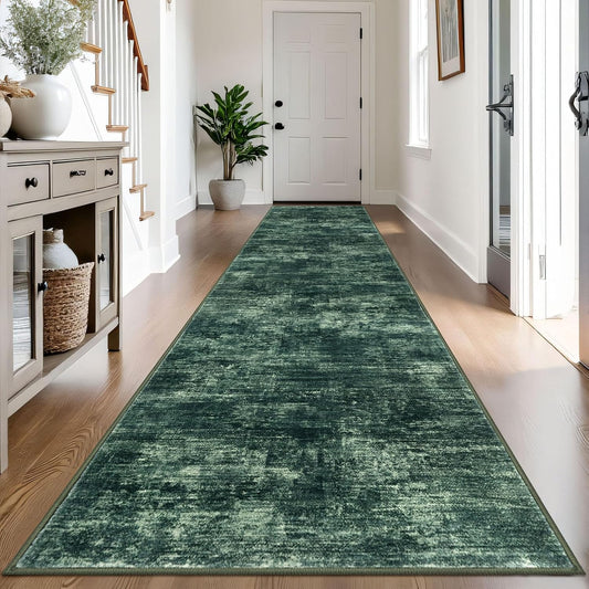 IOHOUZE Abstract Runner Rug 3x14 Ft Washable Runners for Hallways, Non Slip Kitchen Runner Printed Faux Wool Entryway Runner Indoor, Modern Abstract Floor Carpet for Hall Stair, Dark Green