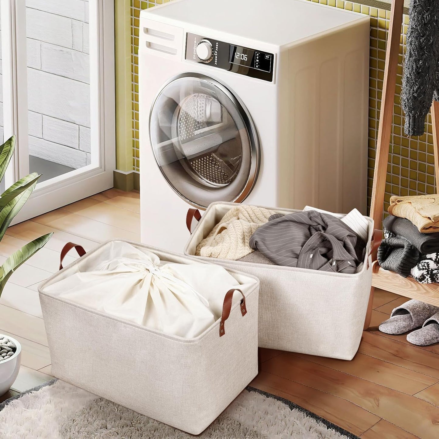 DULLEMELO Large Beige Storage Basket 70L Oversized Canvas Fabric Storage Bin, Collapsible Rectangular Toys Basket Organizer with Handles, 22X15 Storage Container for Clothes, Blankets, Pillows