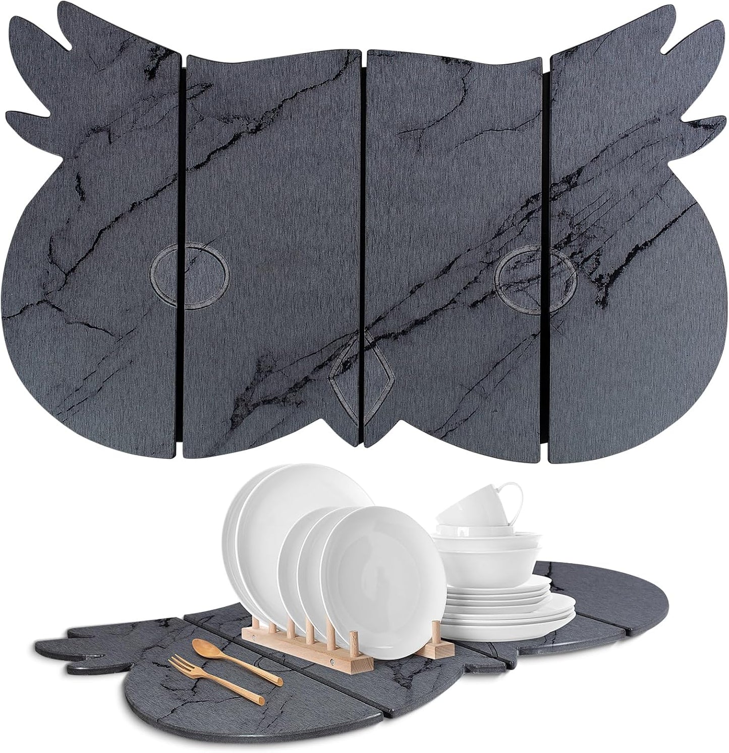 Large Stone Dish Drying Mat for Kitchen Counter,24"(L)×16"(W) Quick Dry Absorbent Diatomaceous Earth Dish Drying Mats,Owl Shape Design Drying Pads for Cups Dishes Bottles (DarkGray)