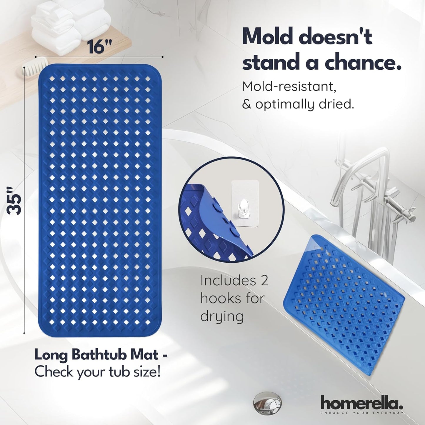 homerella® Bathtub Mat Non Slip 35x16, Incl. Hooks for Drying, Extra Long, 100% BPA Free, Shower Mat Non Slip Anti Mold, Machine Washable, Shower Mats for Inside Shower Mildew Resistant