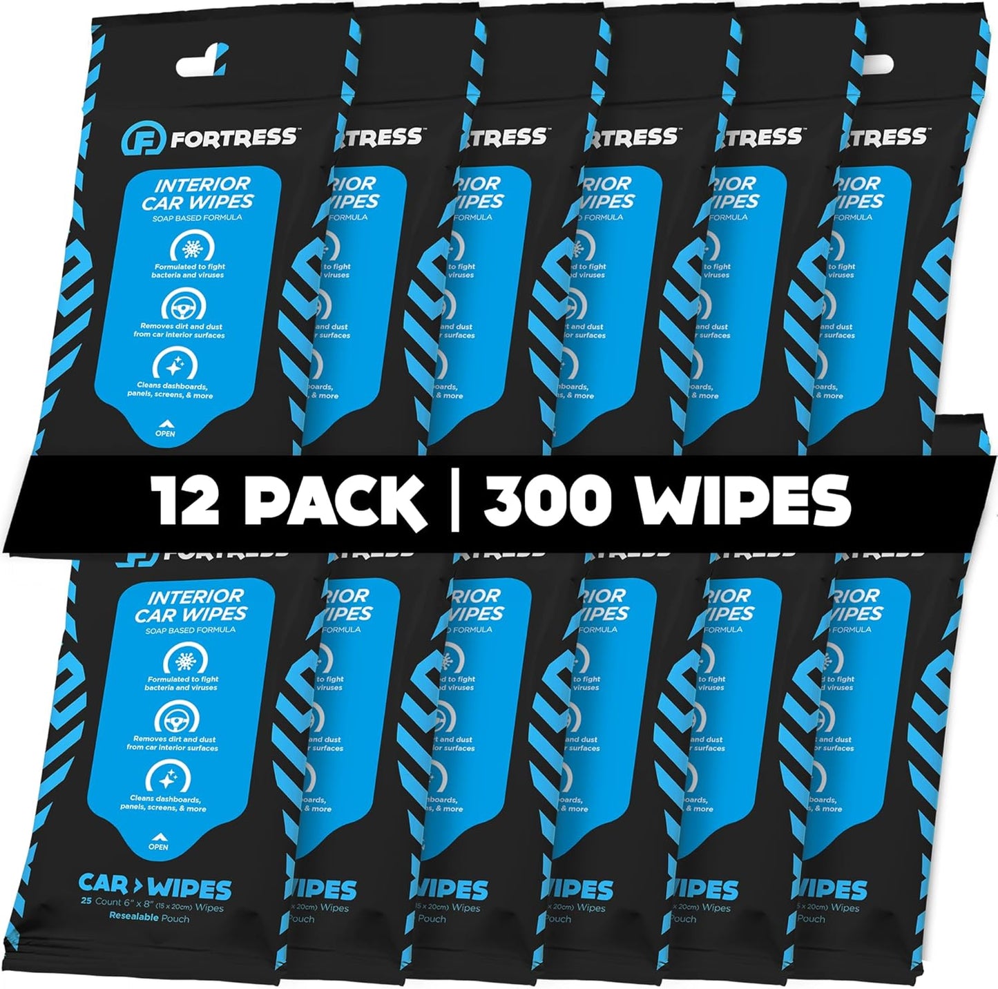 Fortress Car Interior Wipes (25 ct, Pack of 12) for Car Interior Cleaning, Dashboard, Seats, Detailing, and Steering Wheel [Travel Size] Skin-Safe Car Interior Cleaner Supplies