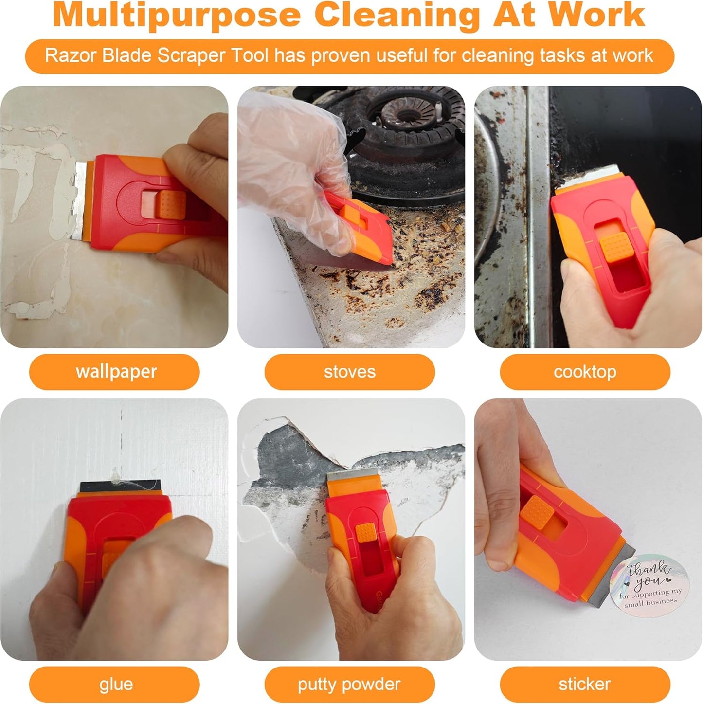 Upgraded Lock Mechanism Razor Blade Scraper with 10pcs Blades and 3Pcs small wire brushes,Scraper Tool for Clean Glass Window, Cooktop, Oven, Stove Scraper, Scraper with Buit-In Blade Storage, Orange