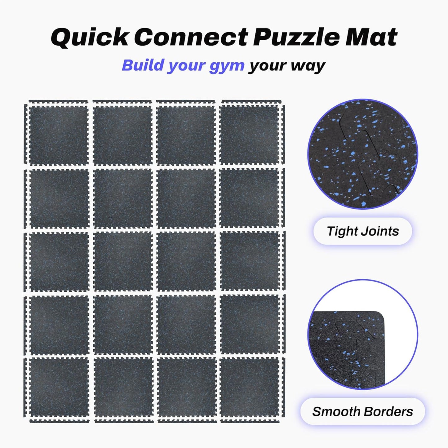 AIRHOP 0.56in Thick 96 Sq Ft Exercise Equipment Mats, 24Tiles Upgraded Rubber Top with High Density EVA Foam, Large Interlocking Puzzle Gym Flooring for Home Gym, Heavy Weight Workout, Black & Blue