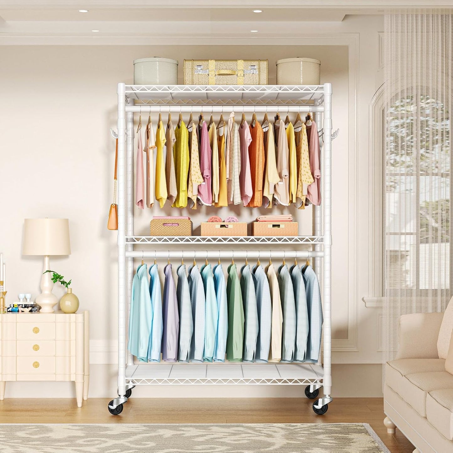 FUTASSI P1 Plus Rolling Clothes Rack, 22mm Diameter Heavy Duty Garment Rack with Wheels, Portable Closet Wardrobe with Double Rods, 45" W x 17.7" D x 80.5" H, Max Load 524 LBS, White