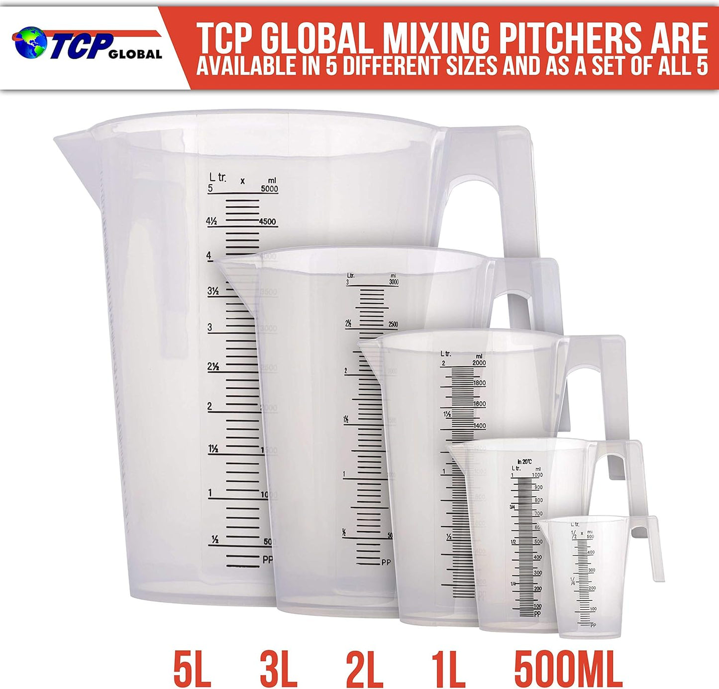 TCP Global 1 Liter (1000ml) Plastic Graduated Measuring and Mixing Pitcher (Pack of 6) - Holds Over 1 Quart (32oz) - Pouring Cups, Measure & Mix Paint, Resin, Epoxy, Kitchen Cooking Baking Ingredients