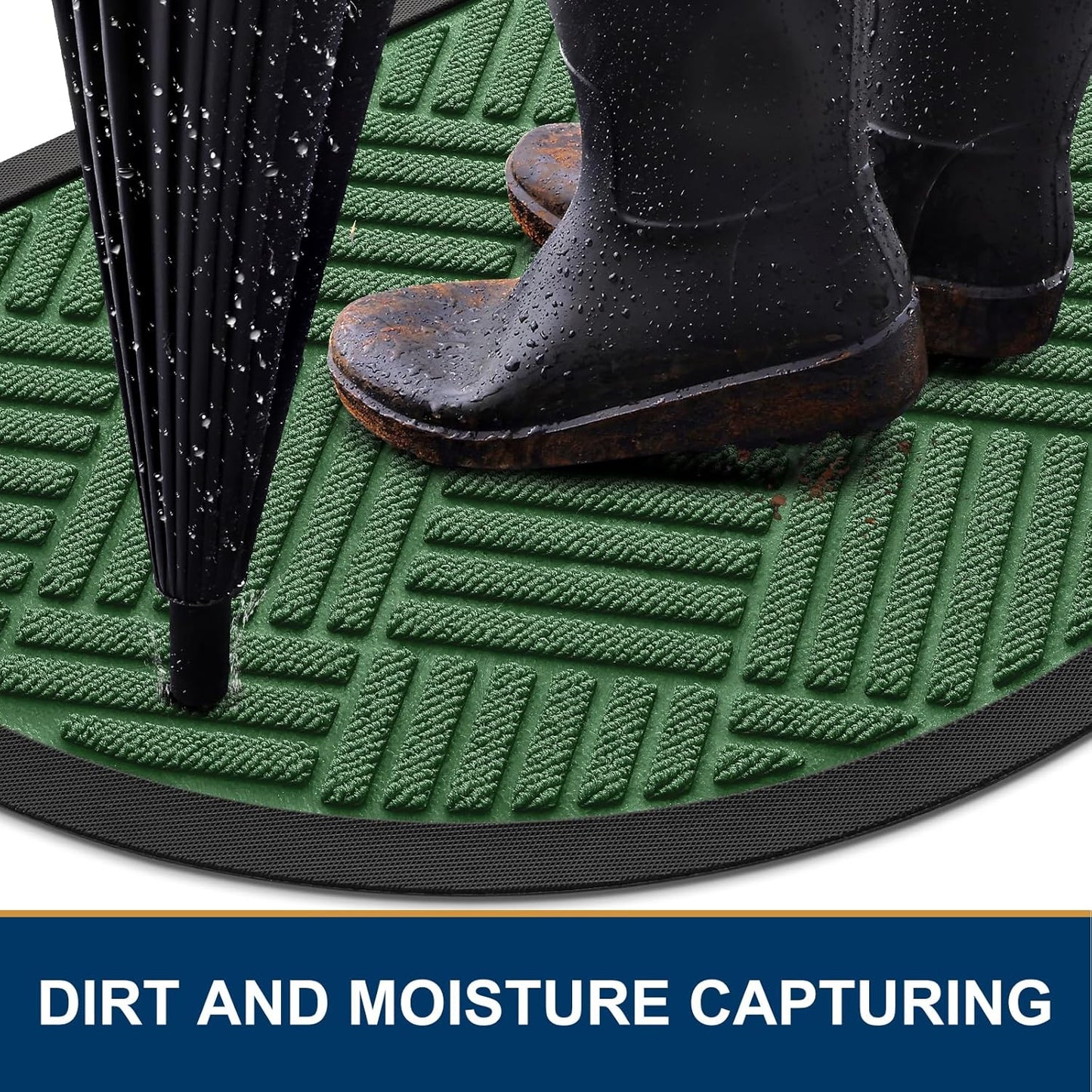 Smiry Half Circle Front Door Mat Outside Entrance, Heavy Duty Outdoor Indoor Natural Rubber Doormat, Non Slip, Trap Dirt and Moisture, Easy Clean, Low Profile Patio Porch Entryway Mat, 29.5x17, Green