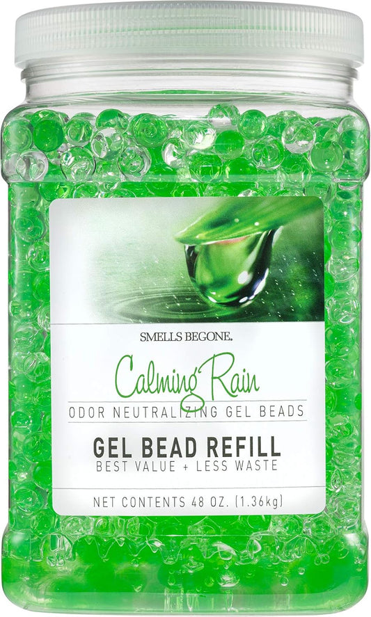 SMELLS BEGONE 48 oz Odor Eliminator Gel Bead Refill - Odor Eliminator for Bathrooms, Cars, Boats, RVs & Pet Areas - Made with Essential Oils - Calming Rain Scent