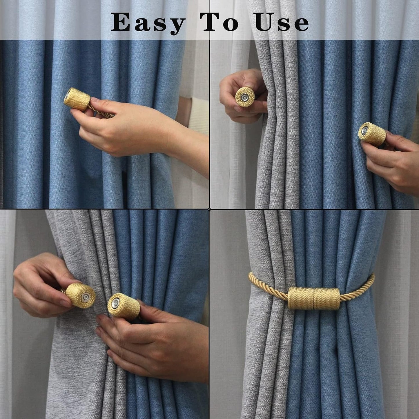 4 Pack Gold Strong Magnetic Curtain Tiebacks Outdoor Elegant Decorative Tie Backs Modern Rope Tiebacks for Drapes Window Curtain Holdbacks for Draperies