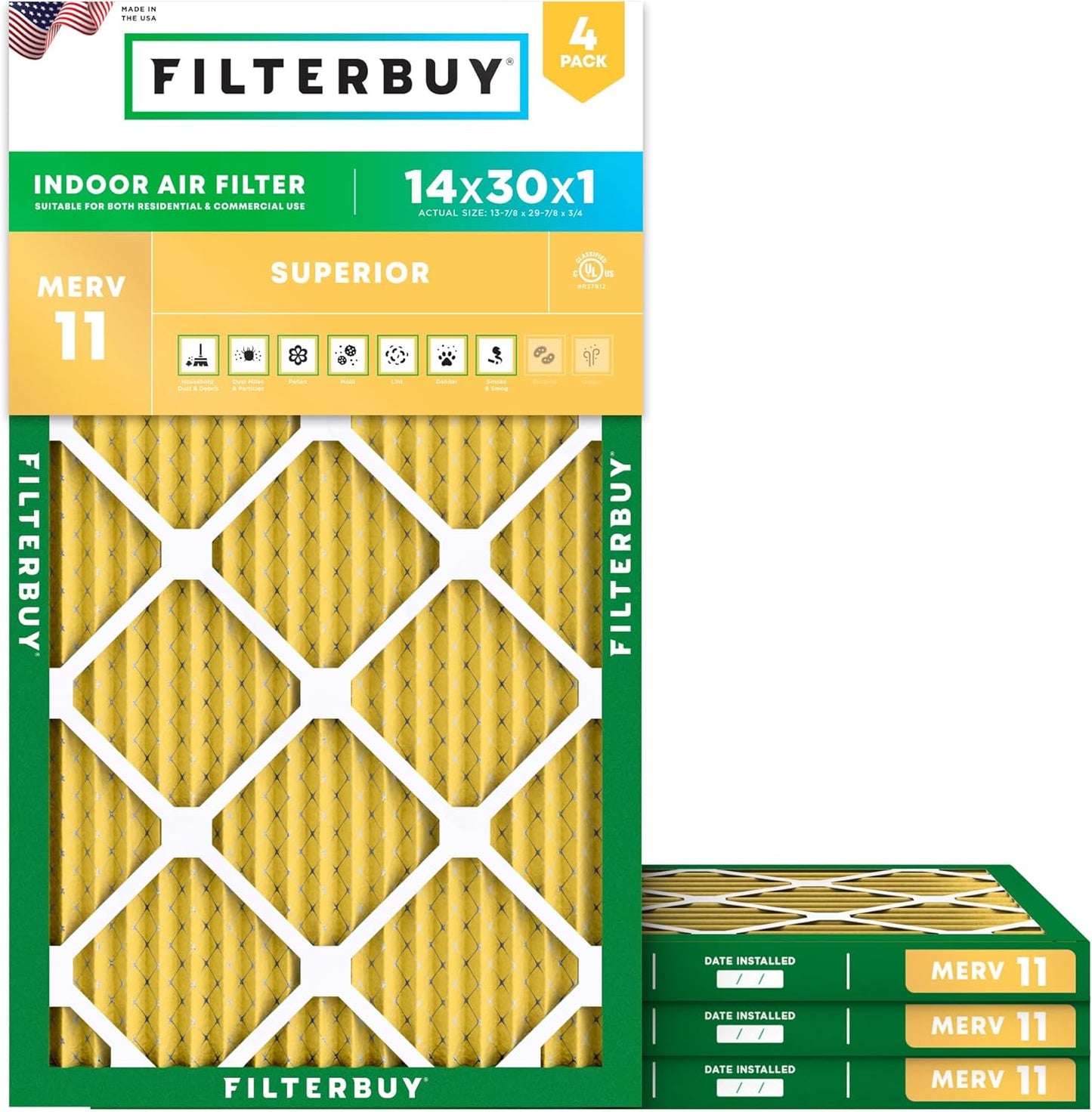 Filterbuy 14x30x1 Air Filter MERV 11 (MPR 1200) Allergen Defense Replacement (4-Pack), Electrostatic Pleated HVAC AC Furnace Filters, Made in USA (Actual Size: 13.88 x 29.88 x 0.75)