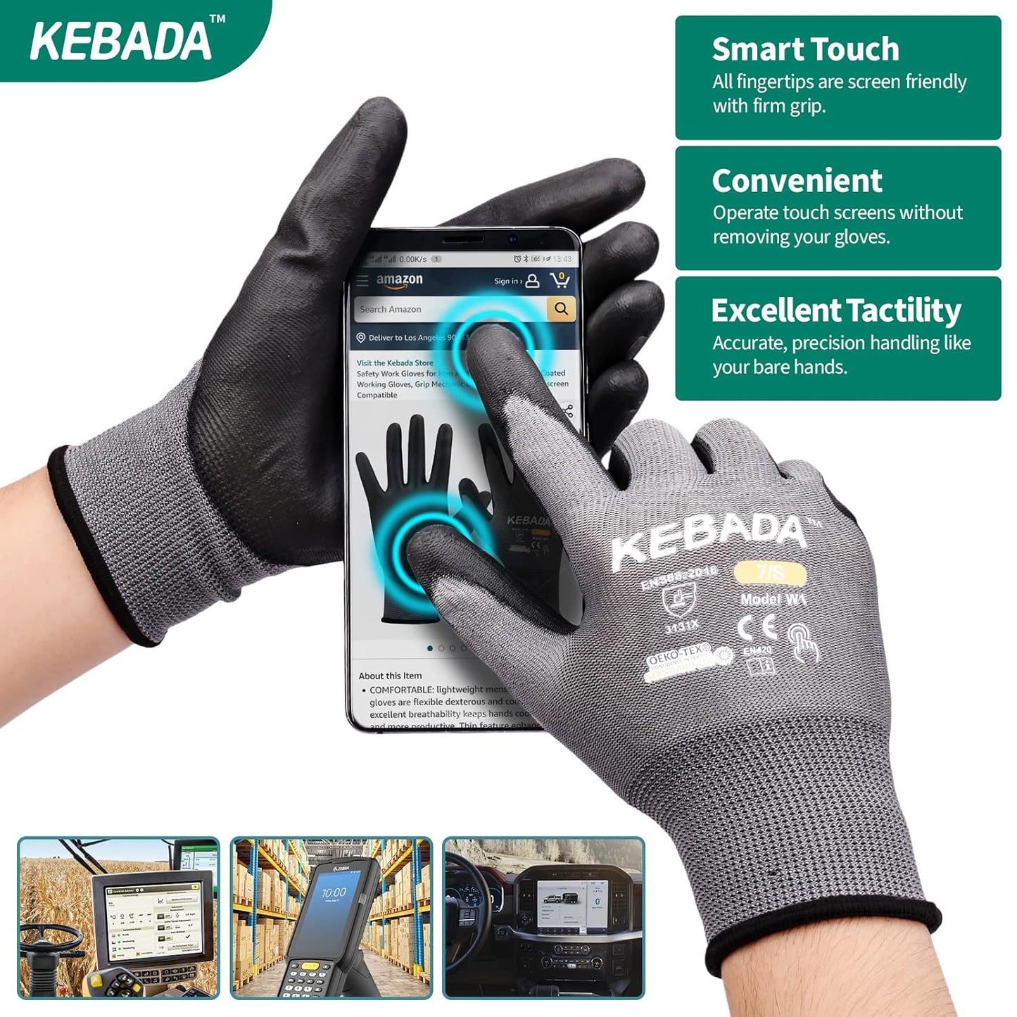Kebada W1 Work Gloves for Men and Women, Touchscreen PU Coated Gloves with Grip, 50 Pairs Bulk Pack, Ideal for Warehouse Package Handling, Construction, Gardening, Gray Medium