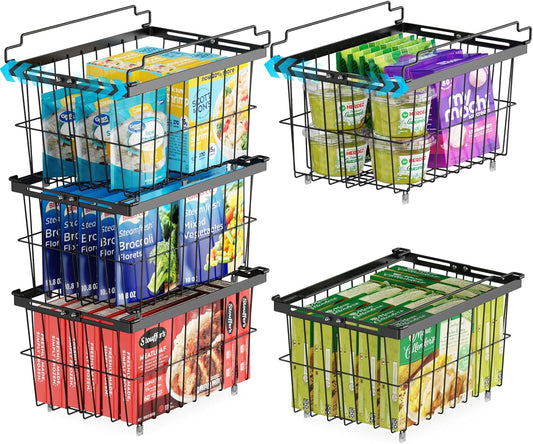 iSPECLE Freezer Organizer Bins - 5 Pack Adjustable & Extra Large Deep Freezer Organizer Bins for 5 to 9 Cu.Ft Chest Freezer, Easy Organize Basket Store More, Stackable No Wasted Space, Black