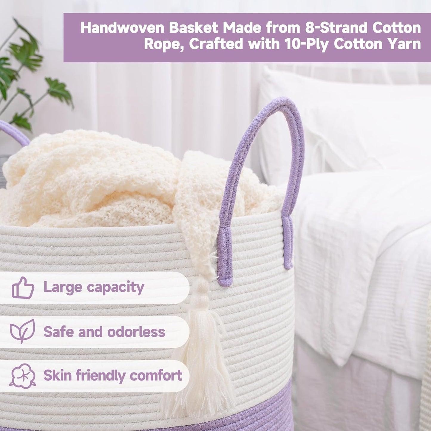 CLHMILY&Z 60L Laundry Basket Round Storage Rope Basket - 15x20.5 Inches - Lavender Hamper in Bedreoom and Cute Storage Bin for Blankets, Toys, and Nursery Essentials