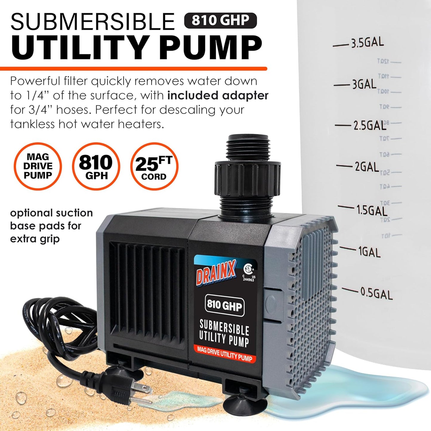 DrainX Tankless Water Heater Flushing Kit with Pump, Hoses, Descaling Powder and Measuring Bucket, All in One Complete Maintenance Solution