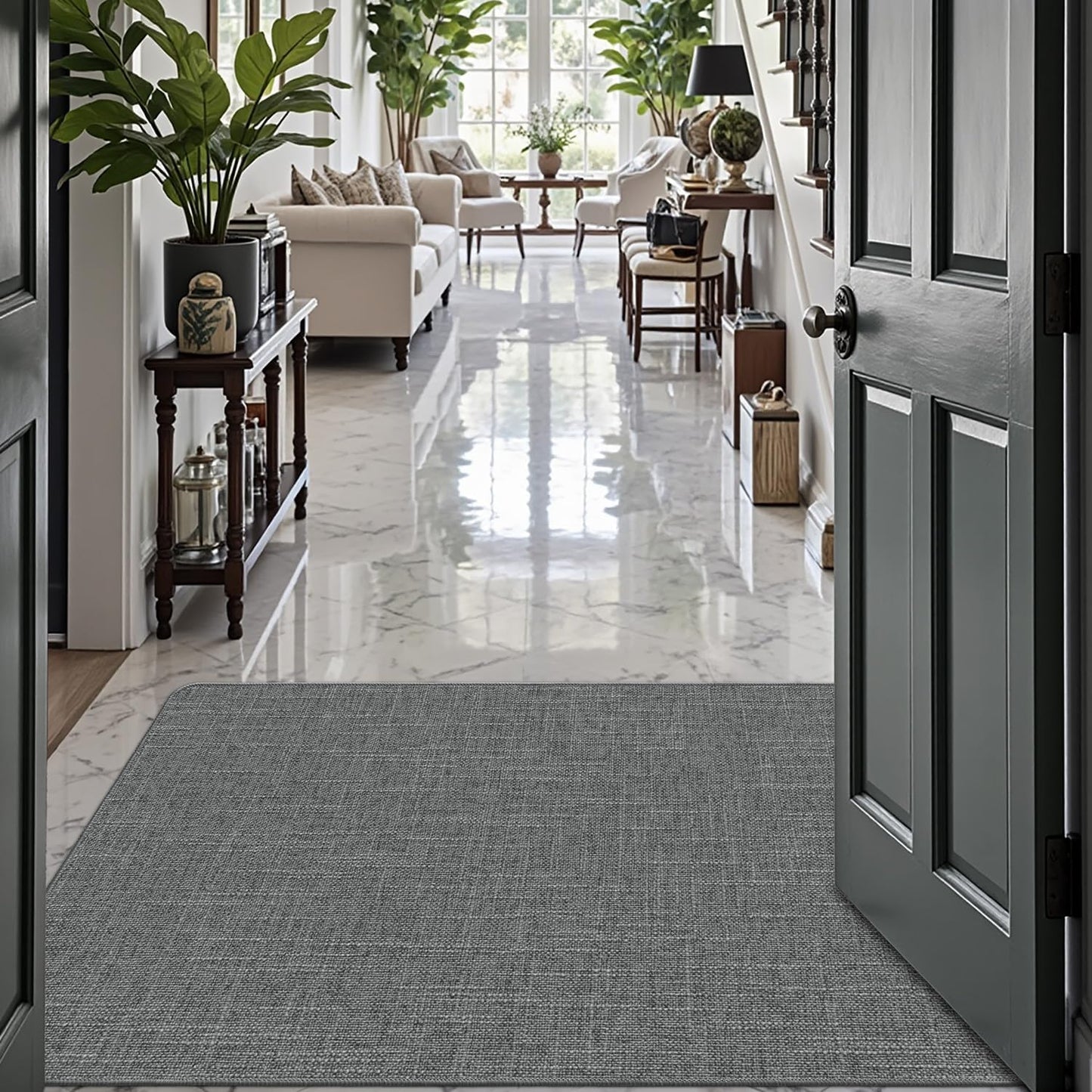 LUMI Ultra Thin Door Mat for Entryway, Low Profile Non Slip Rubber Backing Indoor Doormat, Easy Clean Welcome Entrance Mat for Inside House, Patio, Greenish Grey 17"x30"