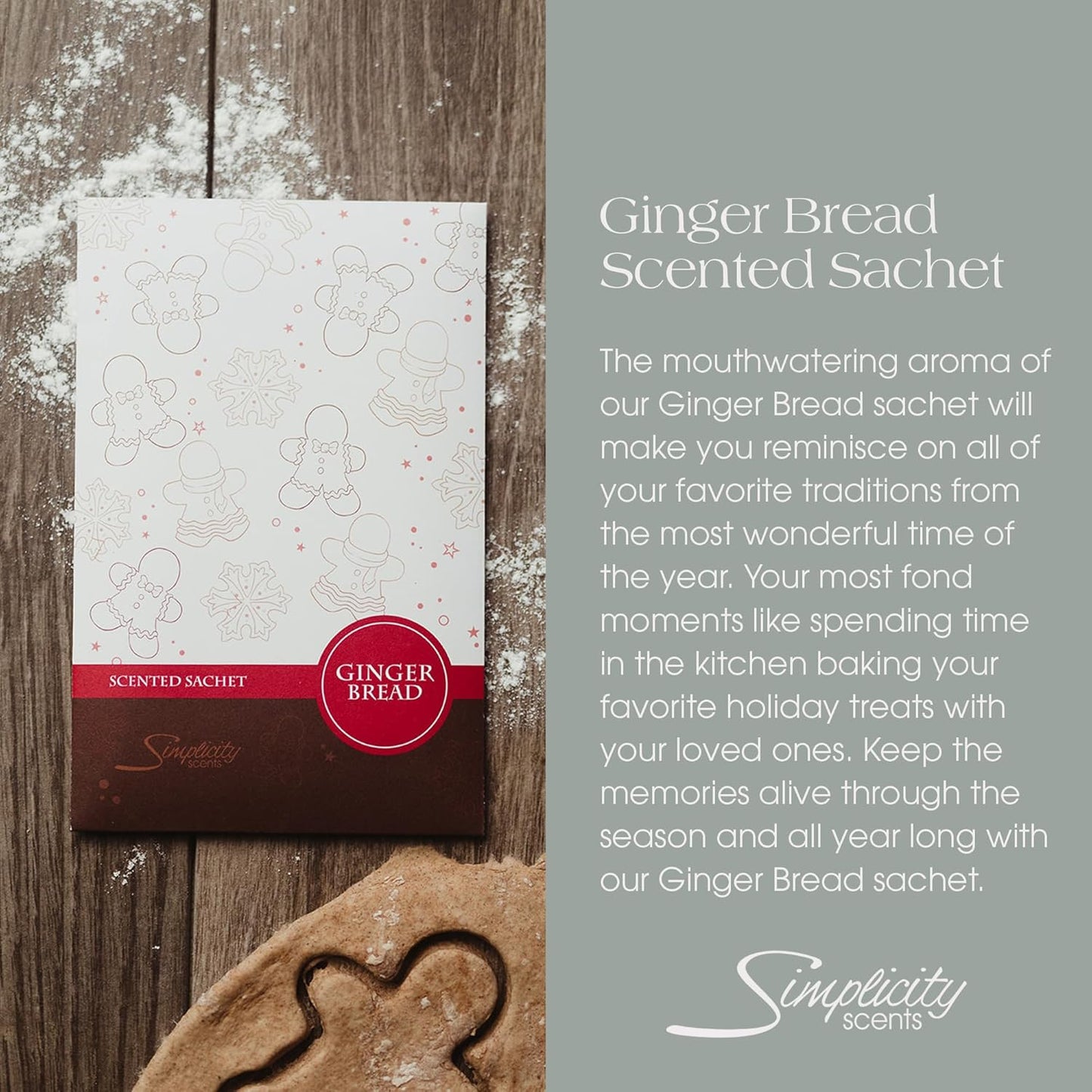 Simplicity Scents Gingerbread Scented Sachets Pack of 3, Fall & Winter - Long-Lasting Scented Bags, Home Fragrance, Air Freshener & Deodorizer for Closet, Room, Drawer, or Cars, Made in USA