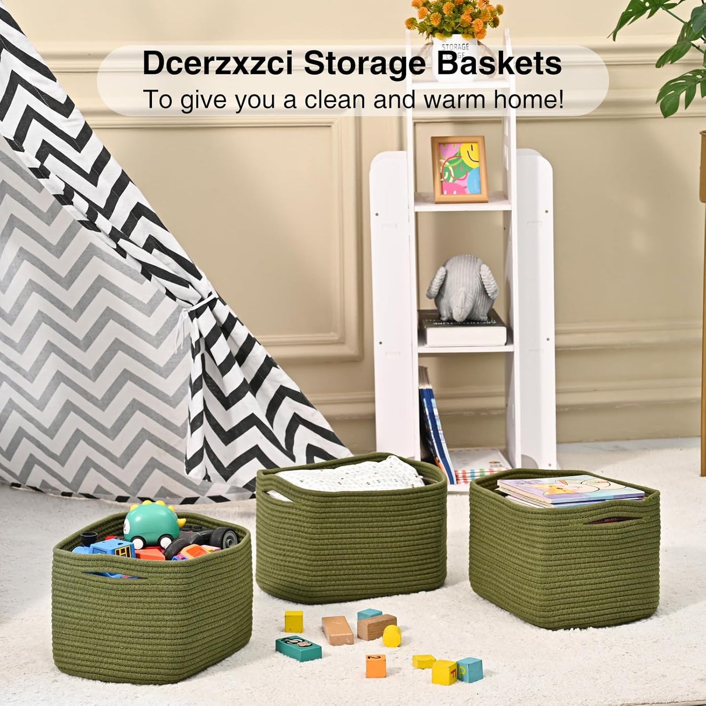 Small Storage Baskets for Organizing, Woven Storage Baskets for Shelves, Cotton Rope Basket for Storage, Cute Rectangular Book Toy Green Basket, 12.7"×9.1"×7.9", 4 Packs, Green