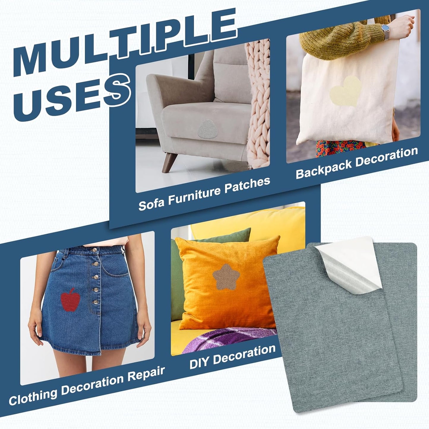 PATIKIL 8x11 Inch Linen Repair Patches, 2Pcs Self-Adhesive Fabric Patch for Sofas Tote Bags Furniture Car Seats Clothes Tents, Blue