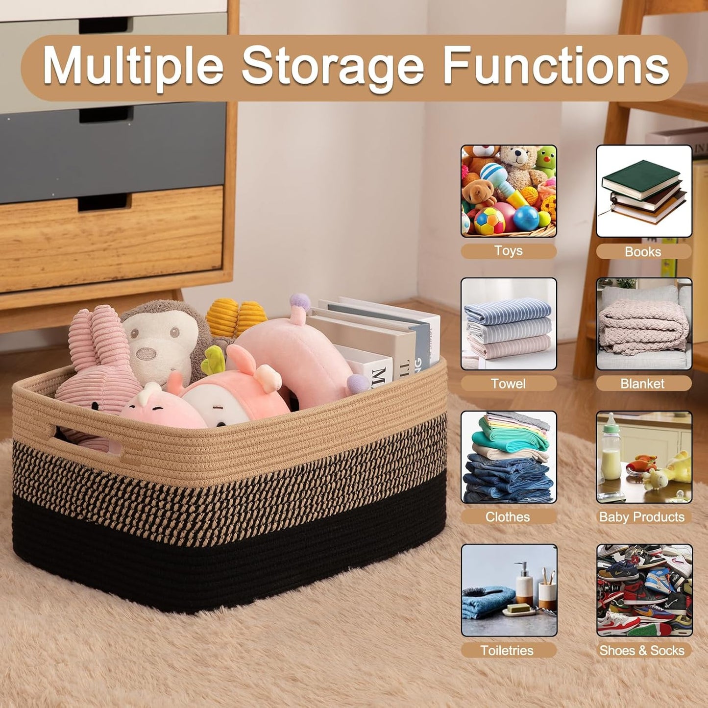 Large Storage Basket for Organizing, Woven Rope Basket for Shelves, Closet Organizer Bins for Clothes, Blanket, Toys, Baby Nursery Storage, 17.7" x 13" x 7.87", 2 Packs Black & Brown