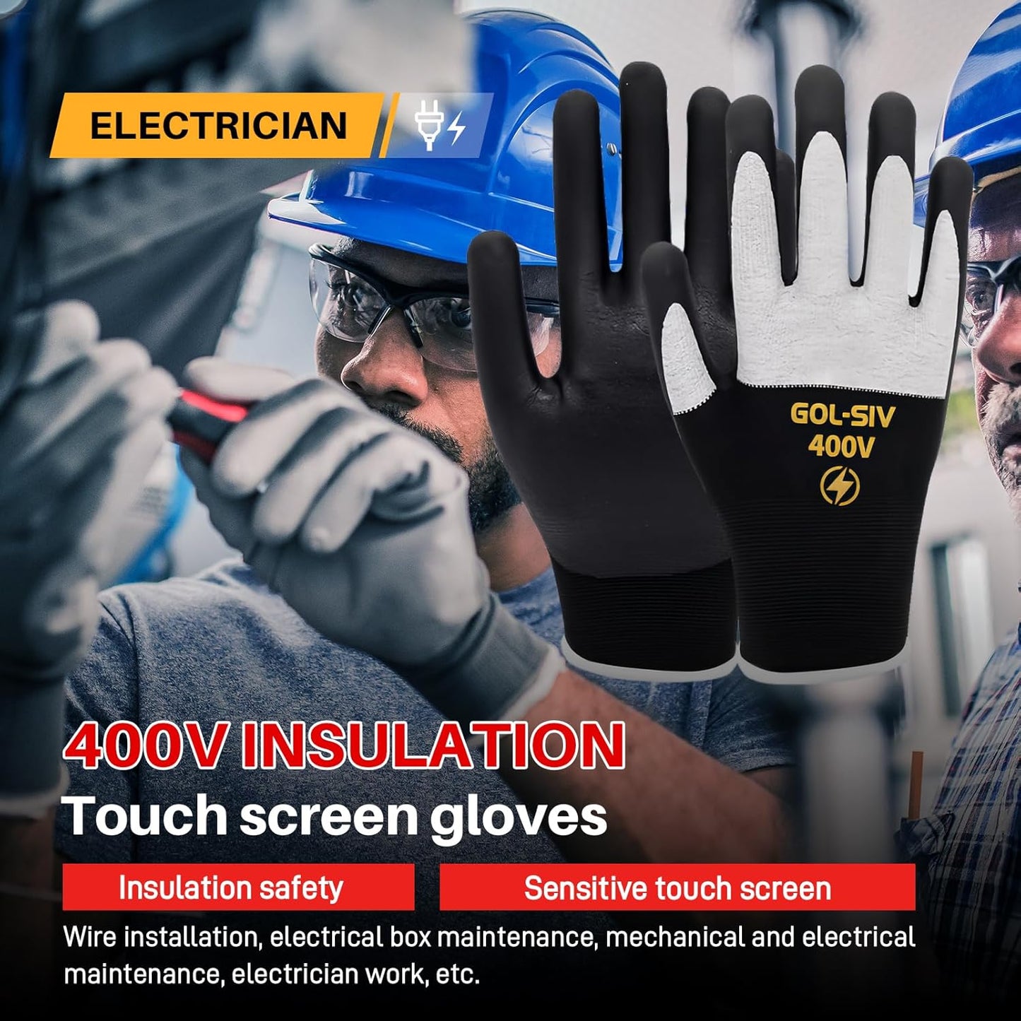 400V Electrician Gloves - Insulated Electrical Gloves For Electrician,Flame Retardant,Rubber Safety Non Slip Work Gloves,Low Voltage,Touch Screen (Black,Large)