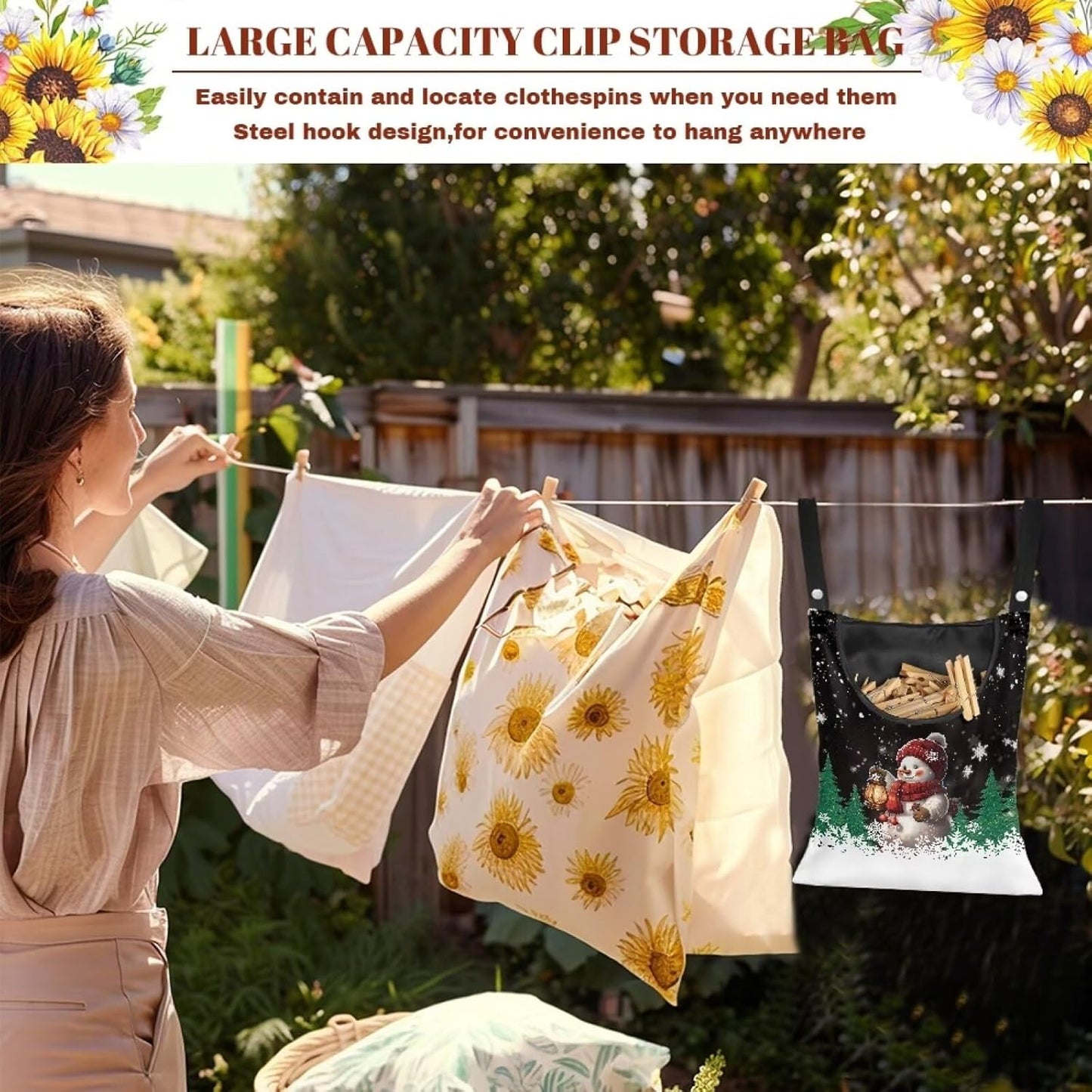 Snowman Clothes Pin Hanging Bag, Large Capacity Clothespin Bag with A Large Opening，Clothes Pin Hanging Bag Space-Saving Organize Clothespin Bag for Clothesline Outdoor