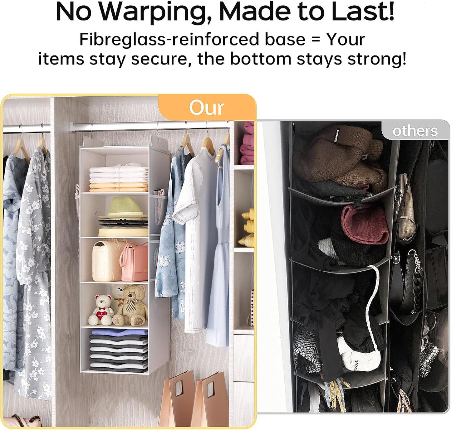 Extra Deep Hanging Closet Organizer with Shelves and Oversized Mesh Pockets, Heavy-Duty Structure, No Deformation, Max Storage for Clothes, Shoes, Hats, Dorms and RVs,1-Pack (White, 5 Tier)