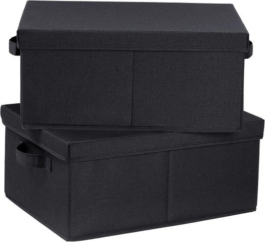 HOONEX Storage Bins with Lids for Organizing, Pack of 2, Storage Boxes with 2 Carrying Handles and Sturdy Heavy Cardboard, 16.5" L x 11.8" W x 7.5" H for Shoes, Books, Clothes, Black