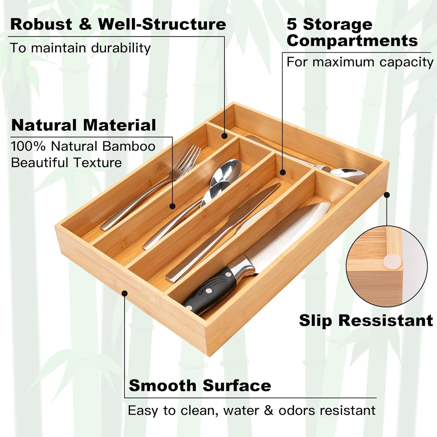 Silverware Organizer Bamboo Kitchen Drawer Organizer Utensil Organizer Silverware Holder Cutlery Organizer in drawer Flatware Organizer Tray (Natural 5 Slots)