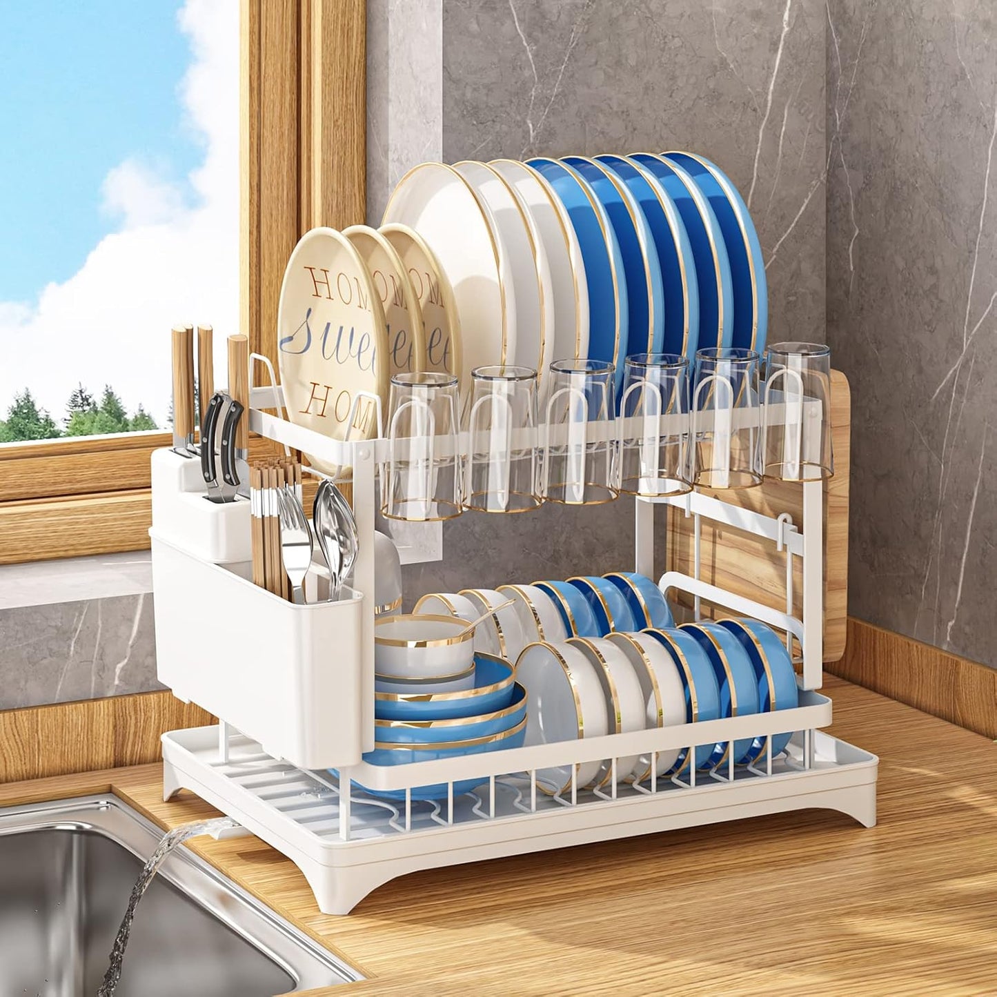 Dish Drying Rack for Kitchen Counter 2 Tier Iron Dish Drainer with Removable Cutlery Basket, White
